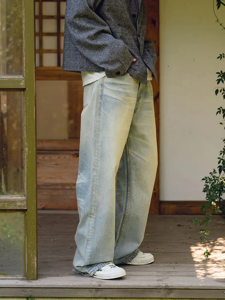 Retro 13OZ Cream Ice Blue Washed A-Line Straight Leg Wide Leg Light Blue Bell Bottom Jeans Fabric Men's Casual Cotton Denim