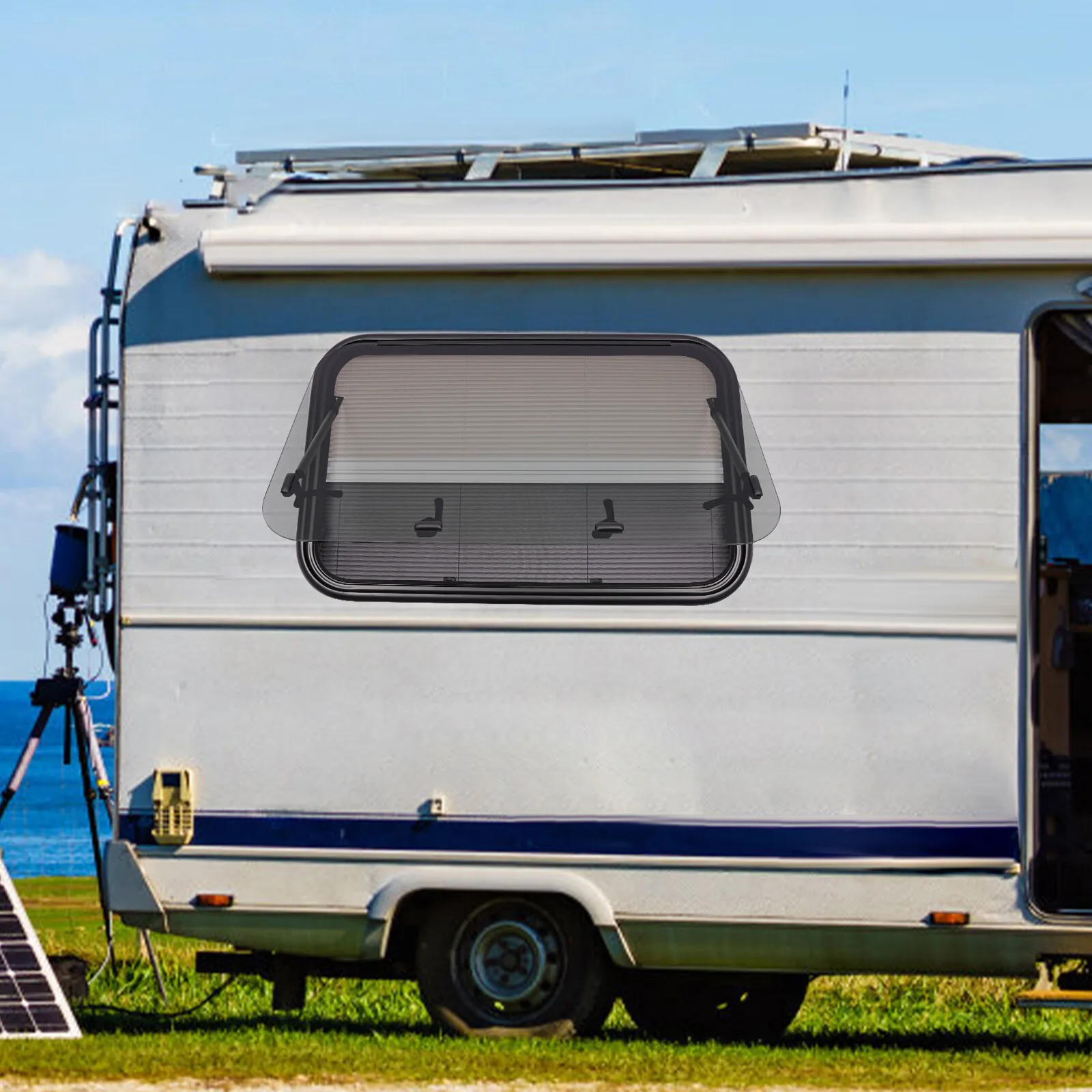 نافذة دفع RV مقاس 90 × 55 سم مع شاشة من الزجاج المقسى ومقبض قابل للقفل للتهوية والخصوصية لتحويل شاحنة مقطورة التخييم #1