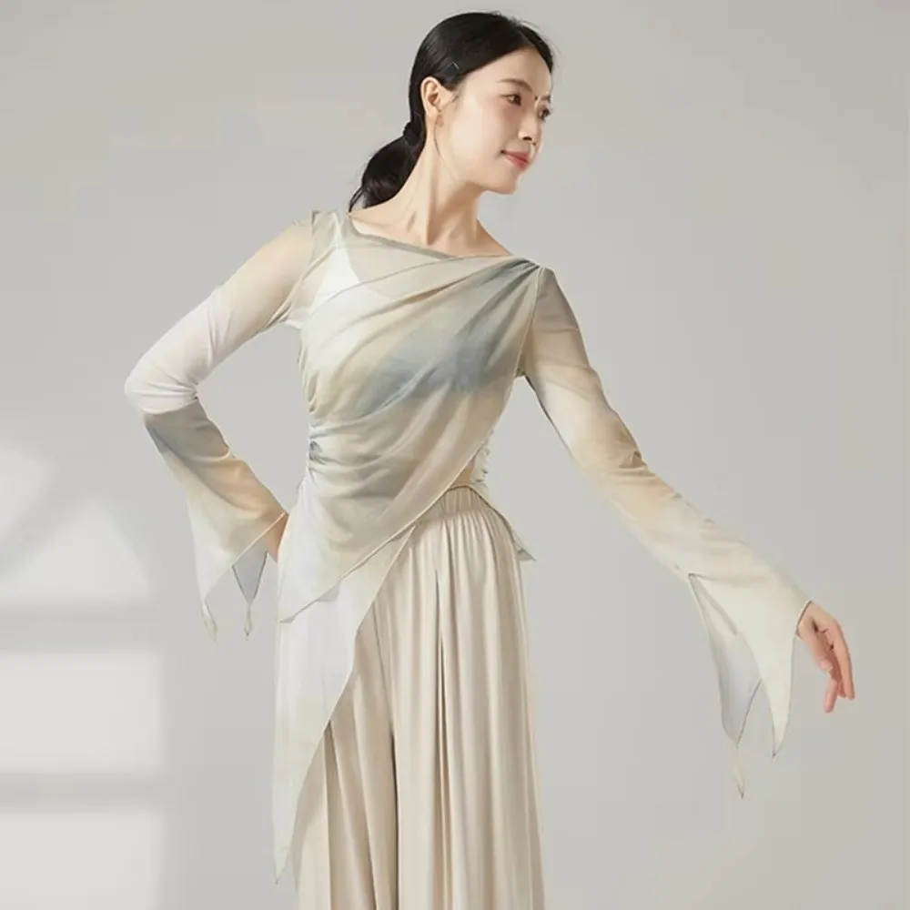 Long Slit Classical Dance Mesh Top Prints Slim Fit Flared Sleeve Shirt Flared Sleeves Flowy Design Dancer Performance Clothes