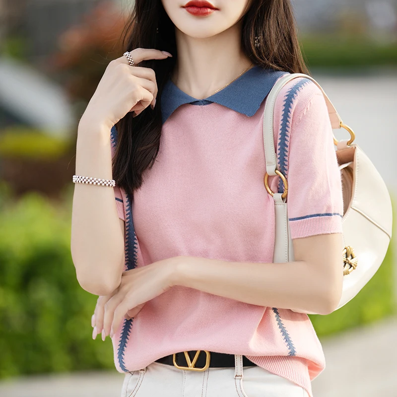 Women\'s T-shirt 100% Cotton Sweater Short Sleeve Fashion Turn-down Collar Ladies Tops Loose Blouse Spliced Pullover Tees
