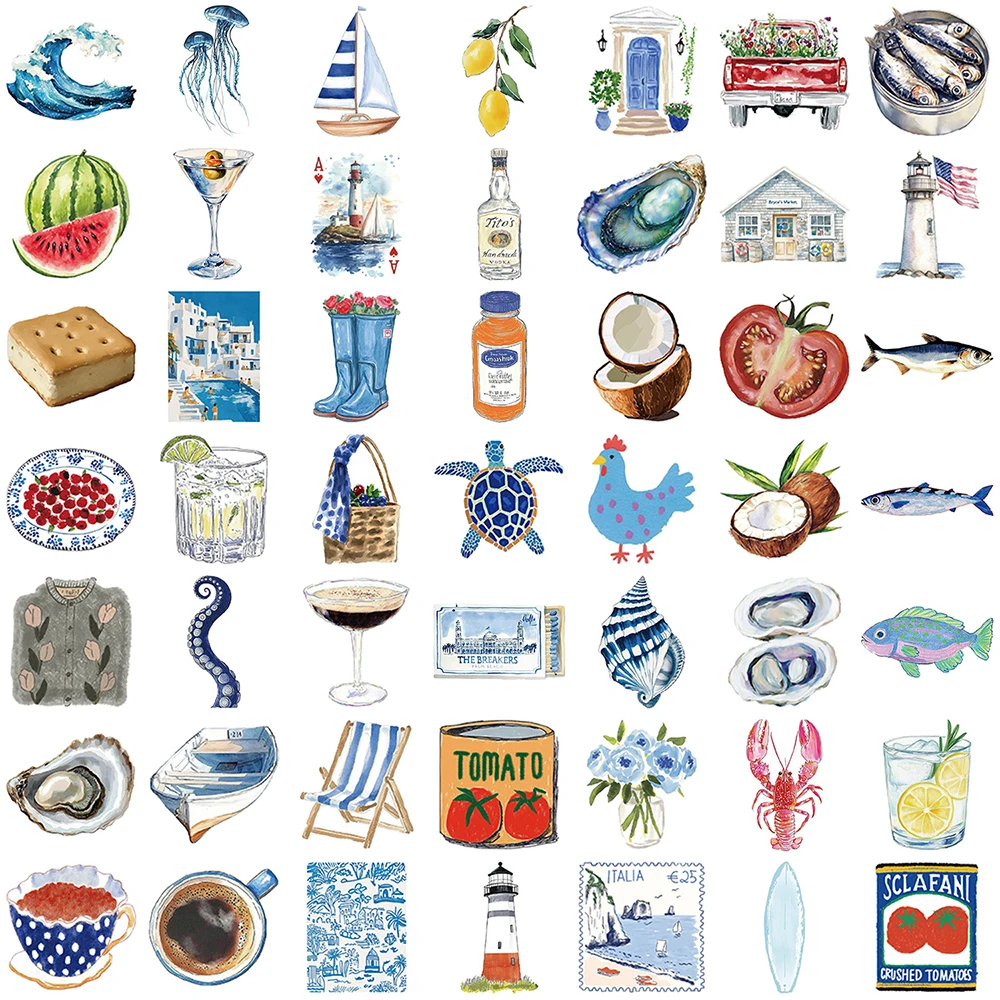 10/30/50 Uds pegatinas estéticas mediterráneas azules de dibujos animados arte de acuarela Retro pegatina de Graffiti guitarra nevera teléfono calcomanías para diario