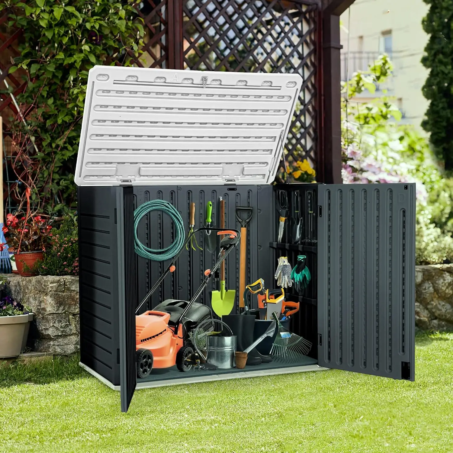 Outdoor Horizontal Storage Sheds w/o Shelf Weather Resistant Resin Tool Shed Multi-Opening Door for Storage of Bike