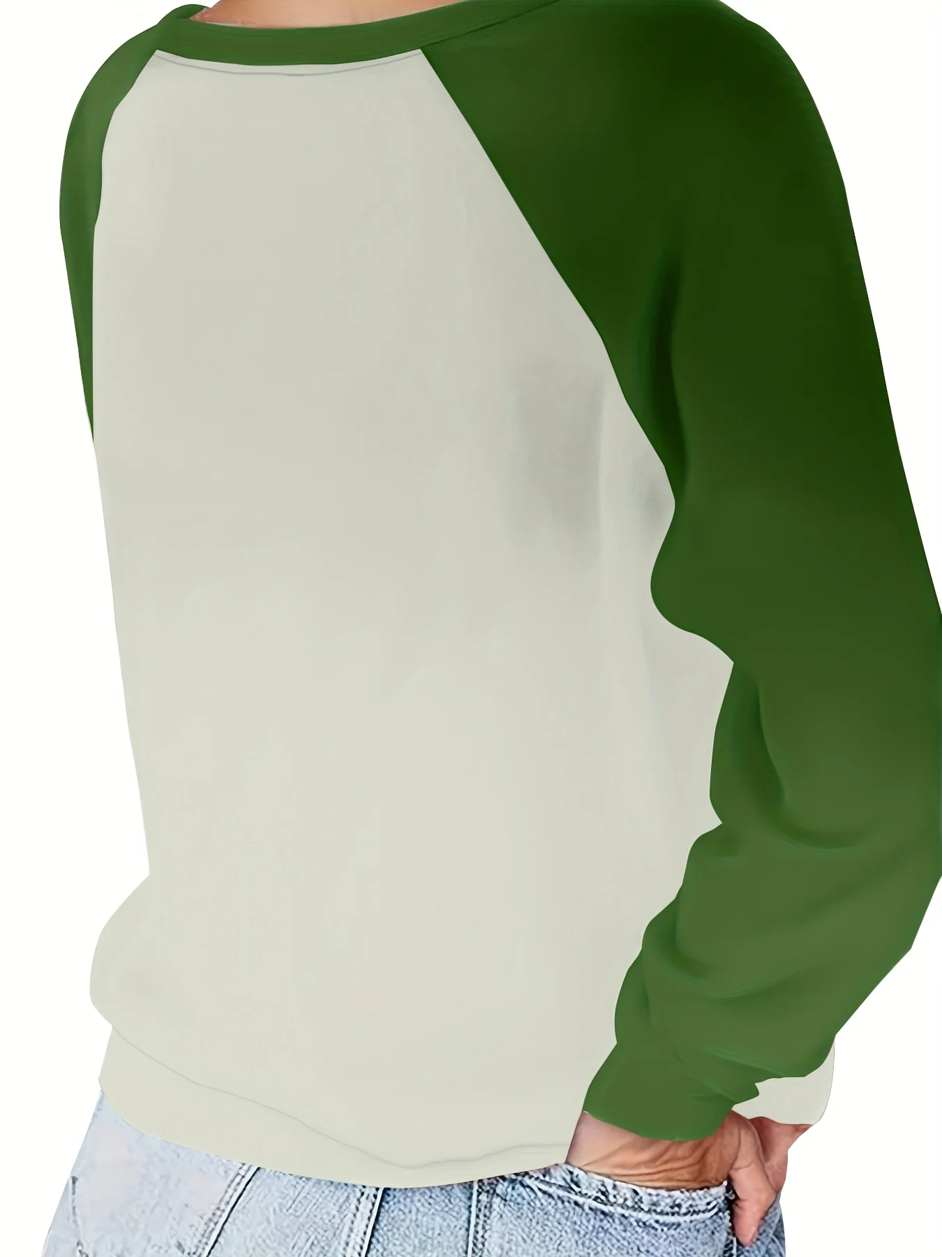 Plus Size Merry & Bright Watercolor Christmas Tree Raglan Sweatshirt, Color Block Green White Crewneck Long Sleeve Casual Holida