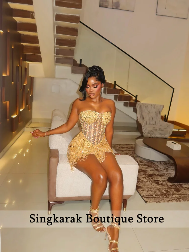 Gold Strapless Beaded Mini Prom Party Dress Black Girl Tassel Diamonds Gems Birthday Cocktail Party Hoco Gown Customized image 4