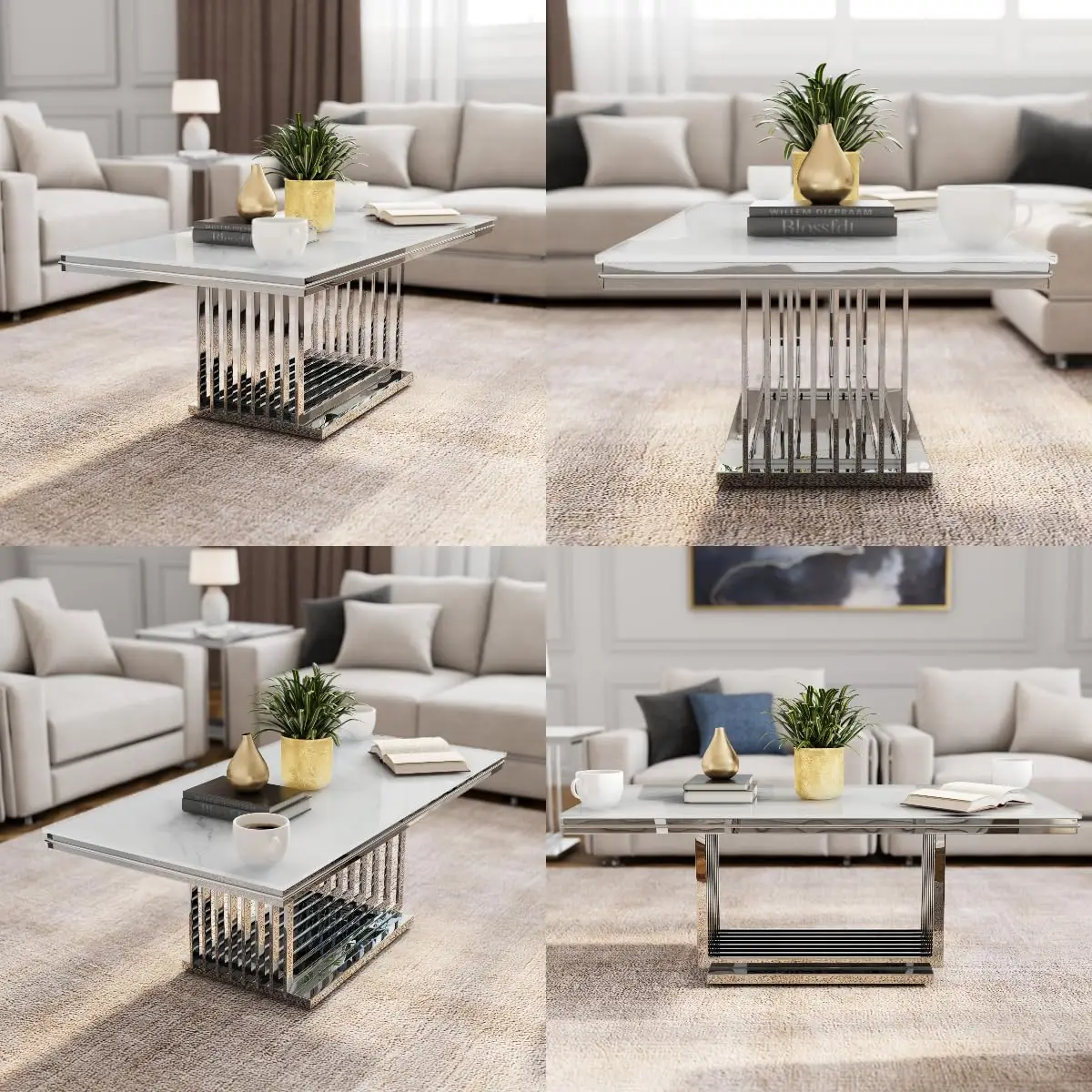 50" Coffee Table, White And Silver Center Table With Tempered Glass Top And Geometric Gridiron Chrome Base, Modern Glam Rectangl