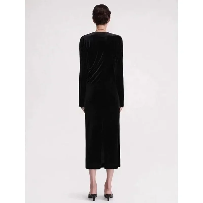 TT LUXURY-Ankle-Length Velvet Dress, Full Sleeve, Slim Straight Shape, Elegant Celebrity, High Quality, Autumn and Winter, 2024