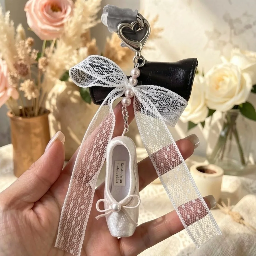 Ins Pearl Ballet Shoes Key Chain Pink Ribbon Ins Korean Ballet Shoes Pendant Ballet Shoes Keyring Bag
