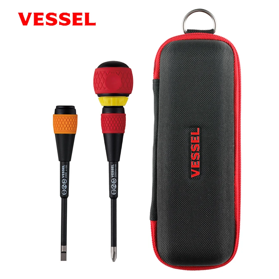 VESSEL Ball Ratchet Grip Screwdriver Set with Tool Bag Suitable for Phillips and Slotted Screws NO.2200 2X100 + 6X100+Bag