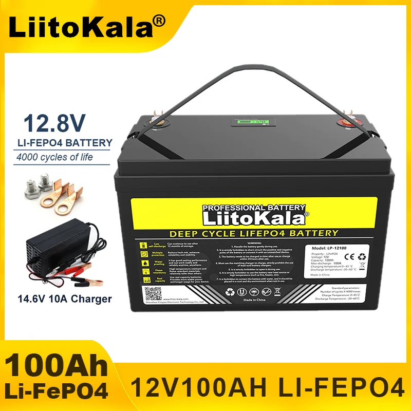 LiitoKala 12v/12.8V 100AH LiFePO4 Battery 14.6v Lithium Iron Phosphate Batteries for Off-Road Solar Wind Car lighter Golf cart