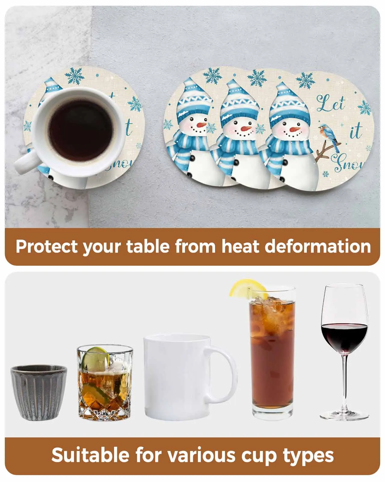 Christmas Snowman Snowflake Mockingbird Round Coaster Coffee Table Mats Kitchen Accessories Absorbent Ceramic Coasters