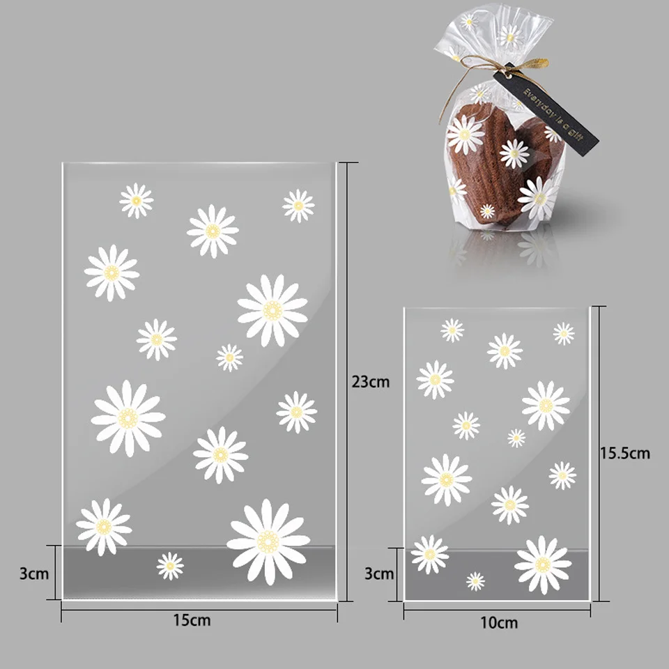 25/50PCS Daisy Plastic Biscuit Bags Cookies Candy Packaging Transparent Bag for Wedding Birthday Party Baking DIY Wrapping