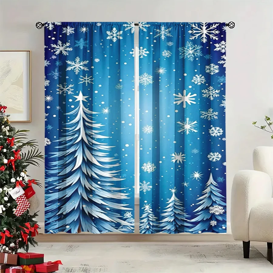 2PCS Christmas Winter Curtains, Blue White Line Christmas Tree Snowflake, Digital Print, Bedroom Living Room, Home Decor