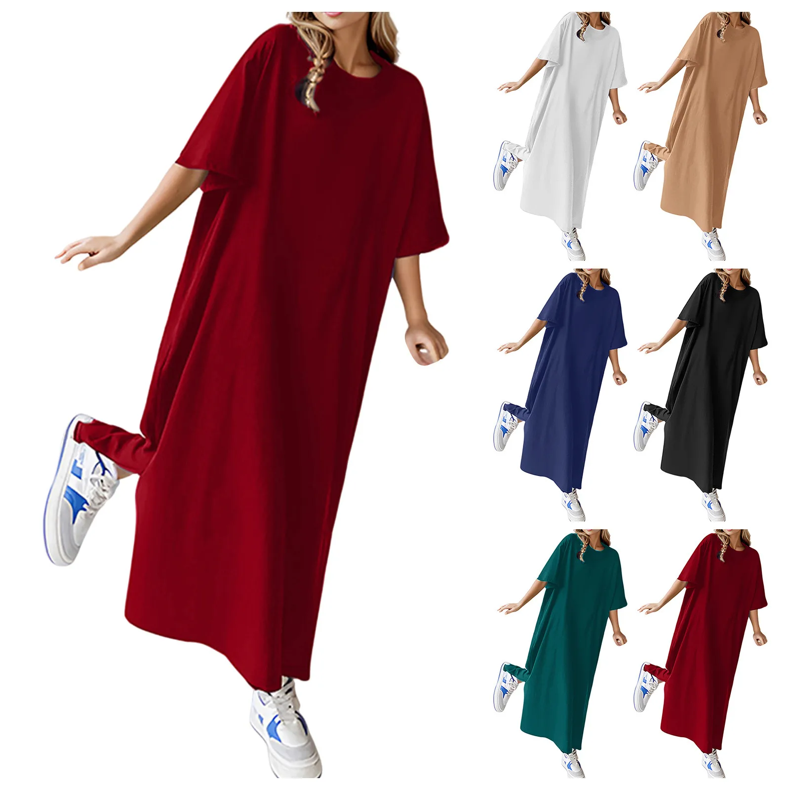 Women's Casual T Shirt Dress 2024 Summer Short Sleeve Loose Oversized Tee Shirt Long Dress Solid Side Slit Plus Size Dress Robe