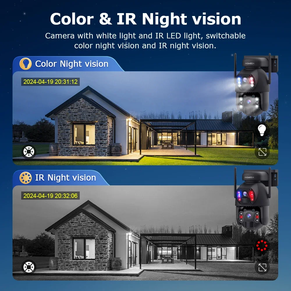 INQMEGA 6MP Wifi PTZ Camera 4G SIM Smart Al PIR Human Detection Dual Lens Red and Blue Alarm Light Two-Way Audio Outdoor Camera