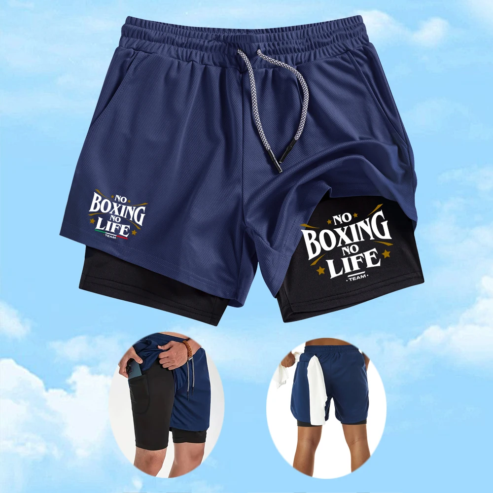 Men's Boxing Themed Printed Double Layer Sports Shorts Quick Drying And Breathable Fitness Training Shorts With Phone Pocket