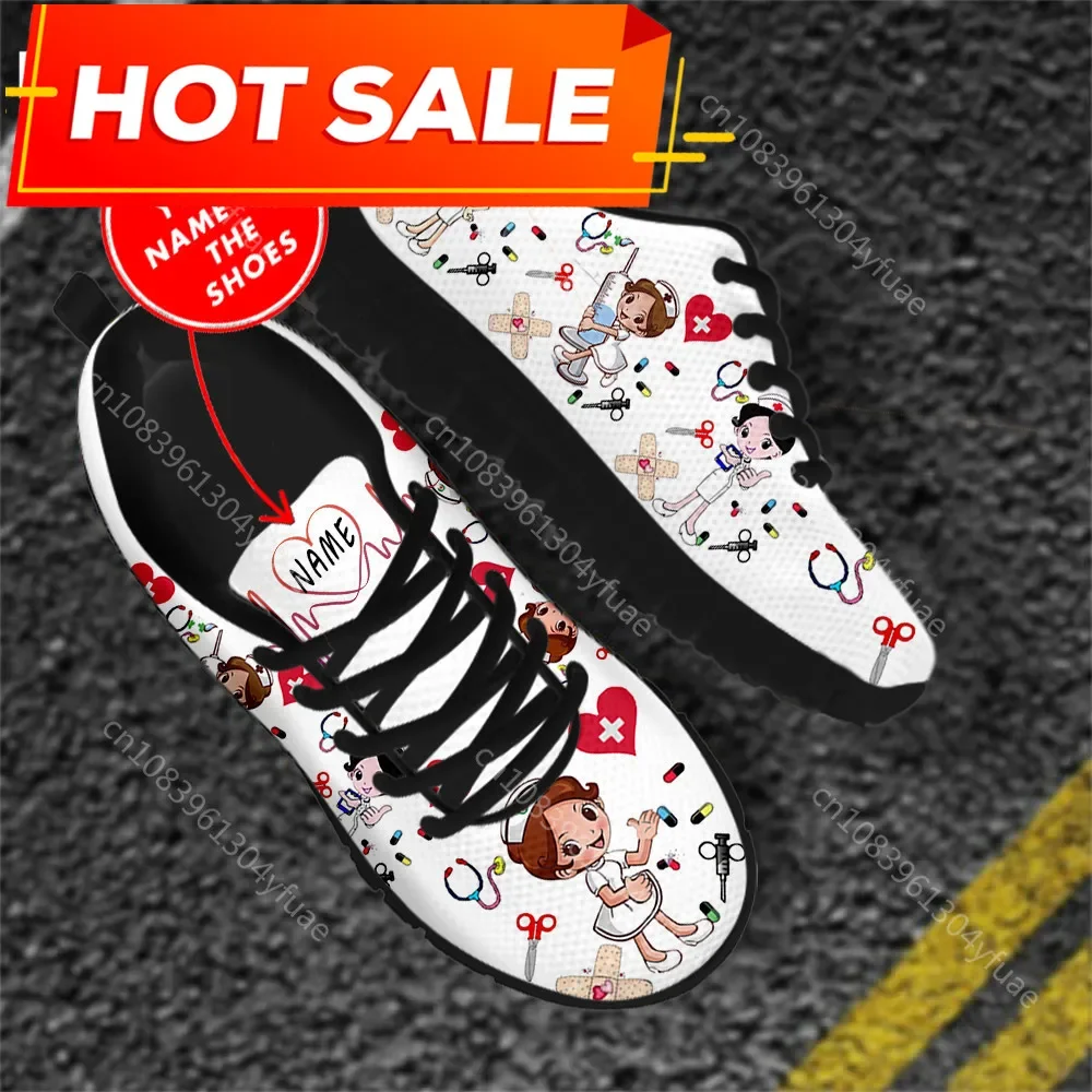 Custom Name Nurse Shoes Mesh Flat Sneakers For Women's Cute Cartoon Premium Sketch Physio Design Breathable Footwear