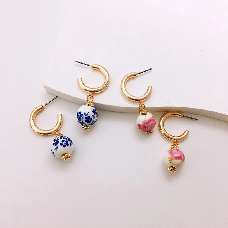 Europe and America Simplicity Fashion Bead National Style Blue and White Porcelain Minority Design  Jewelry for Women  Earring