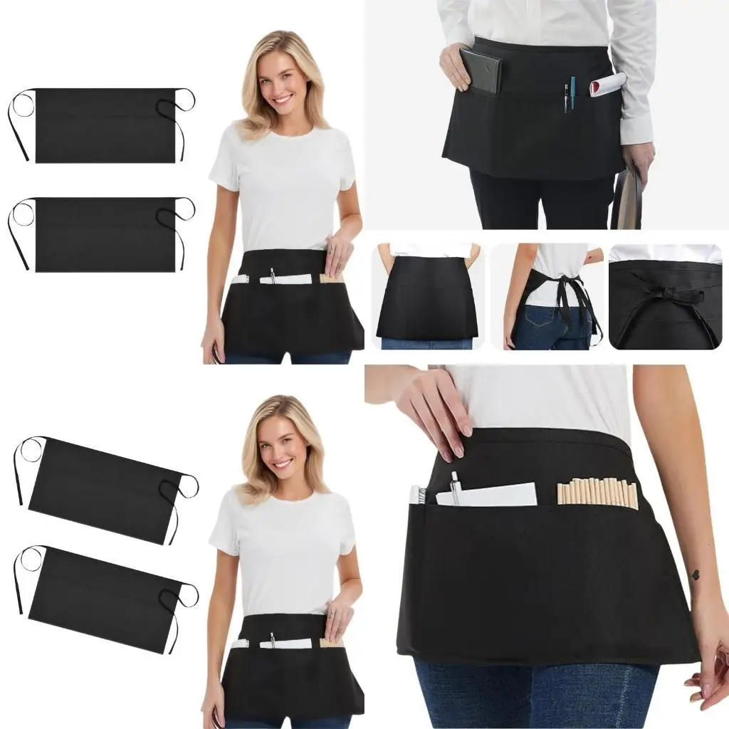 

652F Half Bistro Servers Apron Adjustable Belt Kitchen Apron Water Resistant Polyester Fabric With Large Utility Pocket