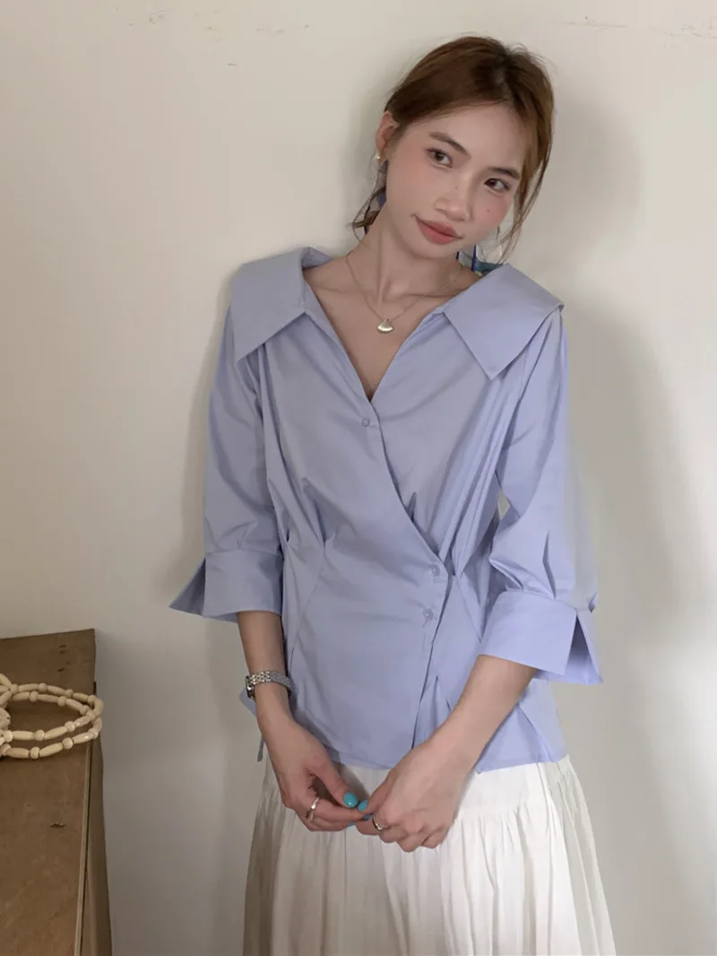 

Women's Pleated Waist Slant Button Up Top Korean Loose Corset Shirt White Blouse Sweet Fashion Women Tops White 2025 New MQ77