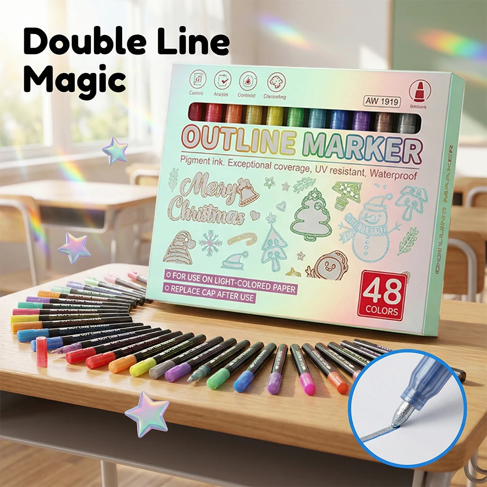 

Набор маркеров для контуров 12/24/36/48 цветов, водонепроницаемые, для граффити, творчества, рукоделия, письма, ведения дневников, двойные линейные ручки, школьные и офисные принадлежности