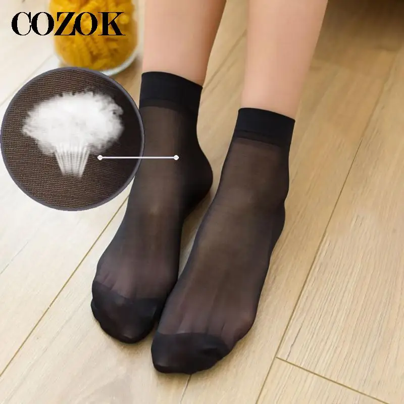 5Pairs Summer Cool Female Short Socks Women Thin Crystal Transparent Girl Ankle Silk Smooth Skin Color High Elastic Autumn Socks