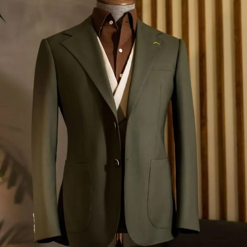 

Мужской льняной повседневный пиджак оливково-зеленого цвета, однобортный тонкий пиджак с большим карманом, модное удобное пальто, мужской летний пиджак