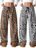 Women Casual Trousers Elastic Waistband Drawstring Tie Pajama Bottoms Leopard Print Wide Leg Lounge Pants