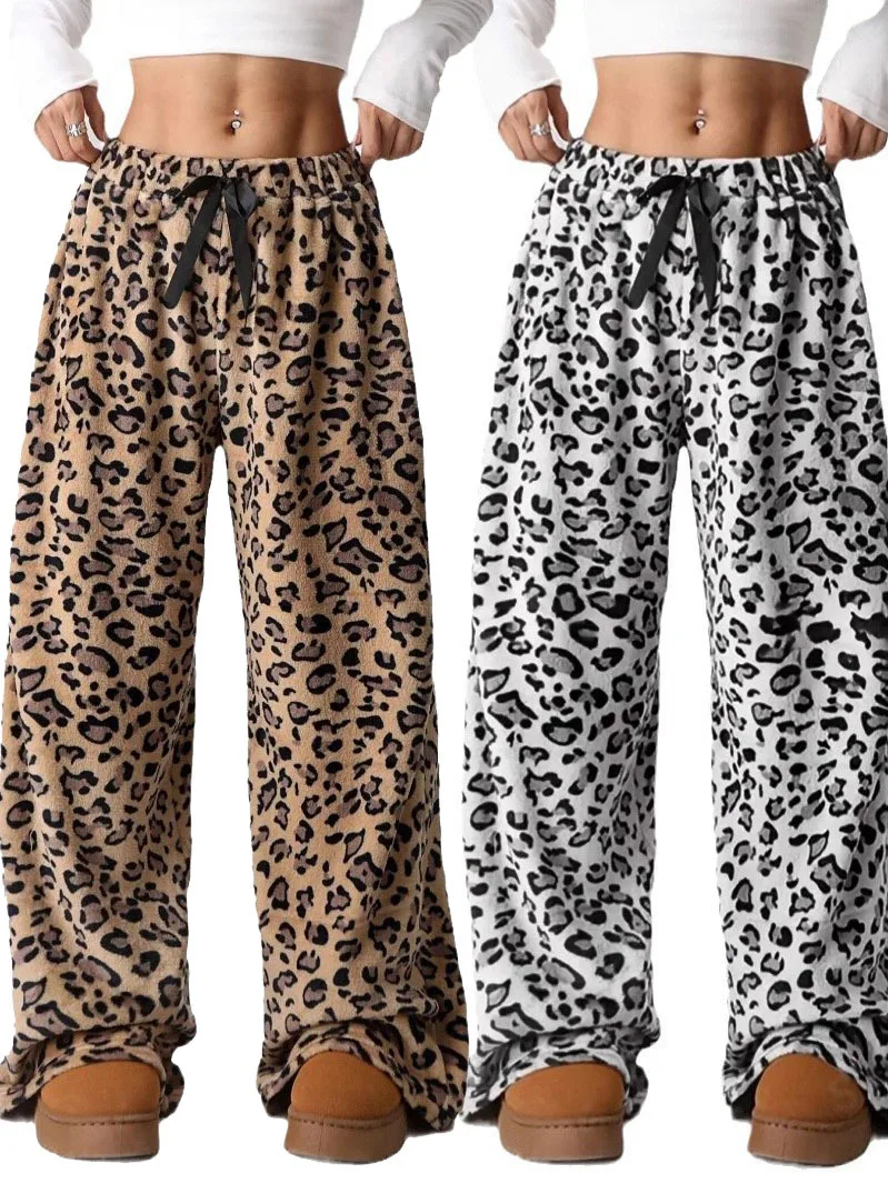 Women Casual Trousers Elastic Waistband Drawstring Tie Pajama Bottoms Leopard Print Wide Leg Lounge Pants