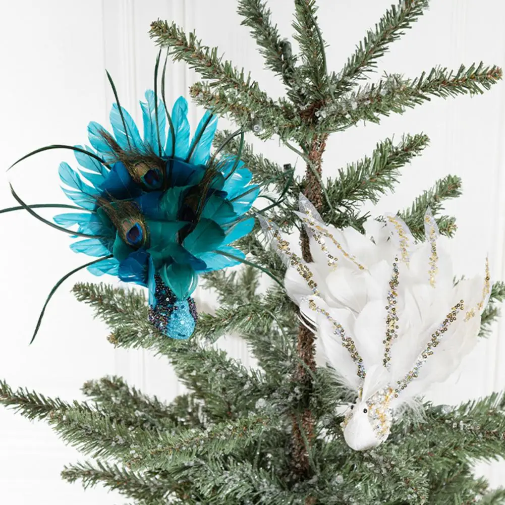 2Pcs Christmas Tree Pendant Realistic 3D Feather Peacock Design Lifelike Texture Simulation Pendant Tree Crafts Decoration