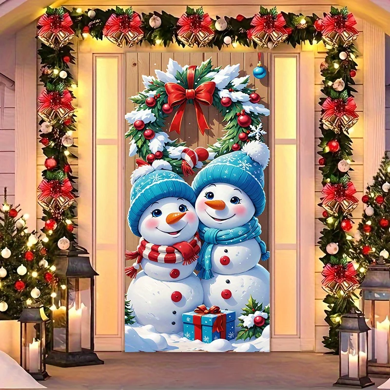 2D-Türbanner, rotes und blaues Türgehäuse mit Schneemann-Prägung und Weihnachtskranz-Schleife, perfekte Weihnachtsfeier-Dekoration