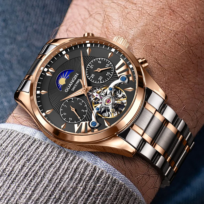 GUANQIN Orologi meccanici da uomo Movimento automatico originale di lusso Tourbillon visibile Business Leisure Luminoso impermeabile