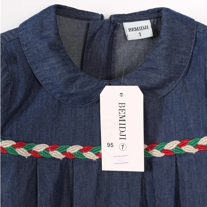 Girls Dress  Summer New Korean Version Girls Cowboy Short Sleeve Dress Girl Round Wooden Edge Denim Skirt Simple Casual