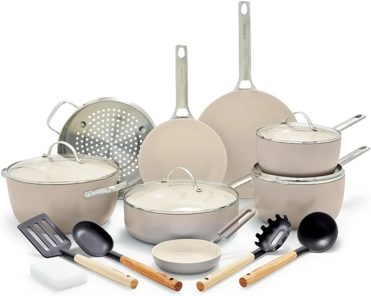 Padova Hard Anodized Healthy Ceramic Nonstick 17 Piece Cookware Set PFAS-Free Induction Dishwasher Safe Oven Safe Taupe