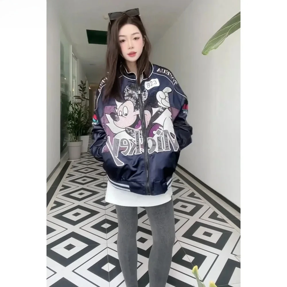 Mickey Embroidered Color Matching Baseball Jacket Women's Spring and Autumn New Loose Versatile Jacket Top
