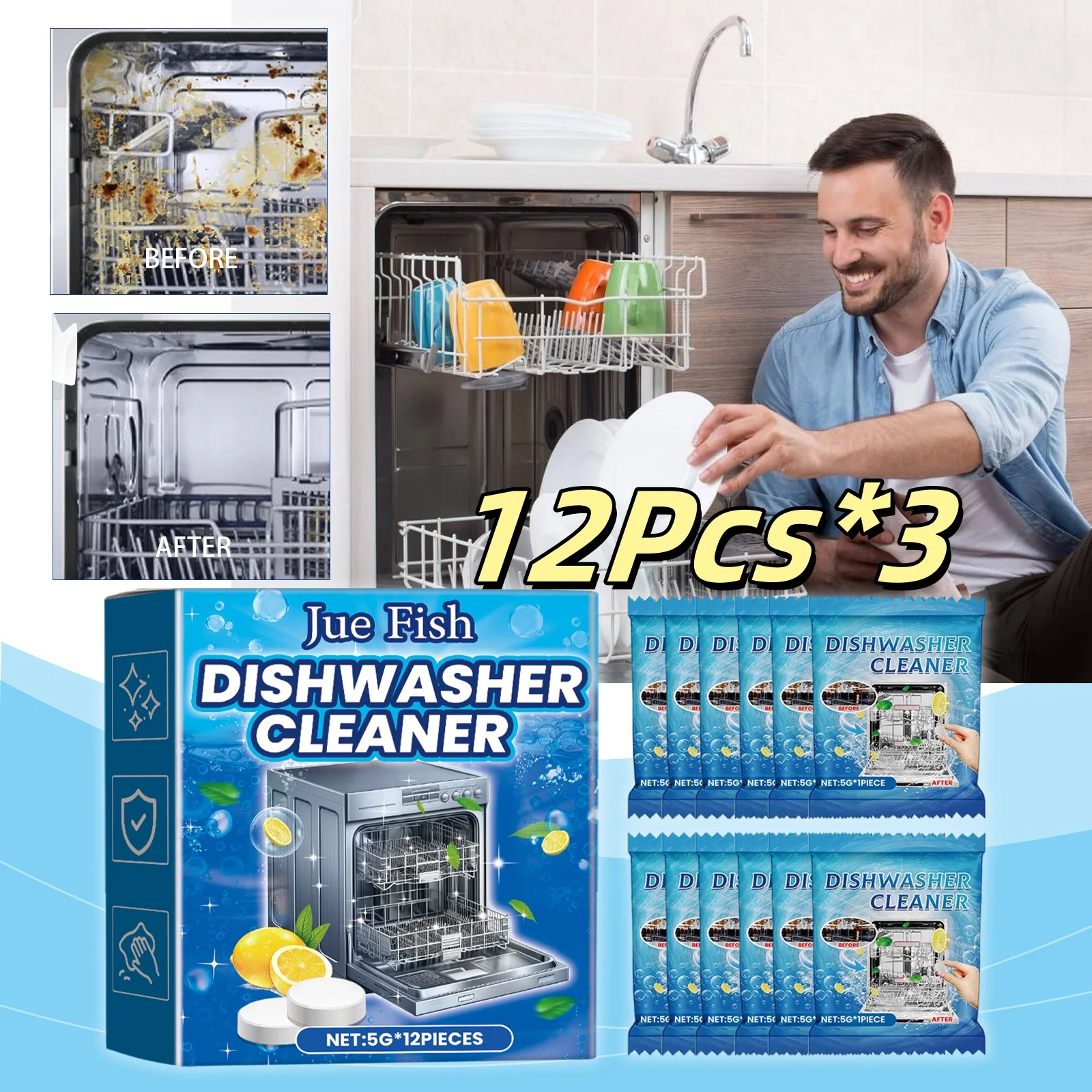 

3Pcs Dishwasher Cleaner Effervescent Tablet Powerful Degreasing, Decontamination, Descaling, Washing and Cleaning