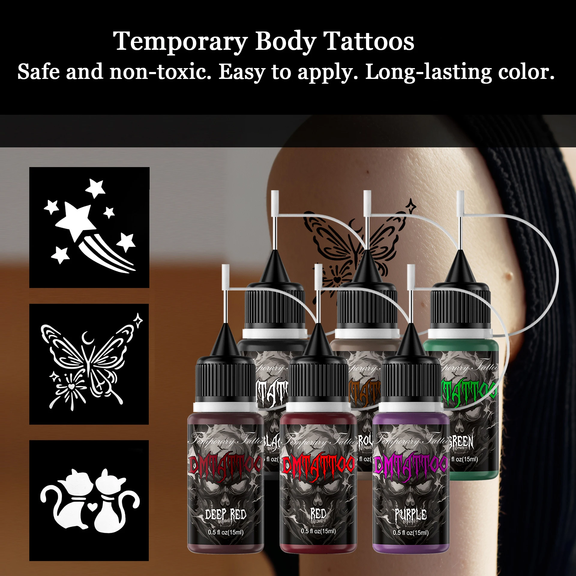 Hena Temporary Tattoo Kit 15ml X 6 Bottles - 6 Colors Unisex Tattoo Supplies Full Set with 5 Stencil Designs for Women Men