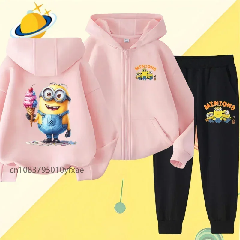 Despicable Me Minions Children's zipper hoodie set cartoon print Autumn/Winter long-sleeved sweatshirt Boy/girl trend cute trend