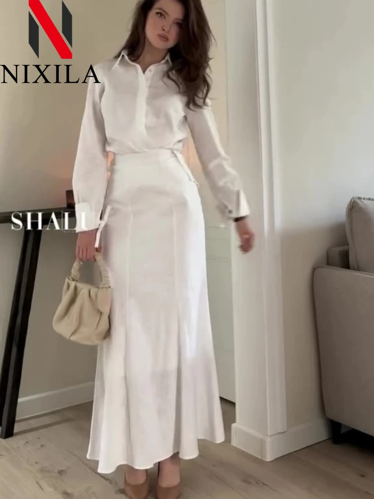 

New Women's Breathable Casual Elegant Professional Commuter Style Two-piece Shirt Long Skirt Set for Women Temperament Colothing