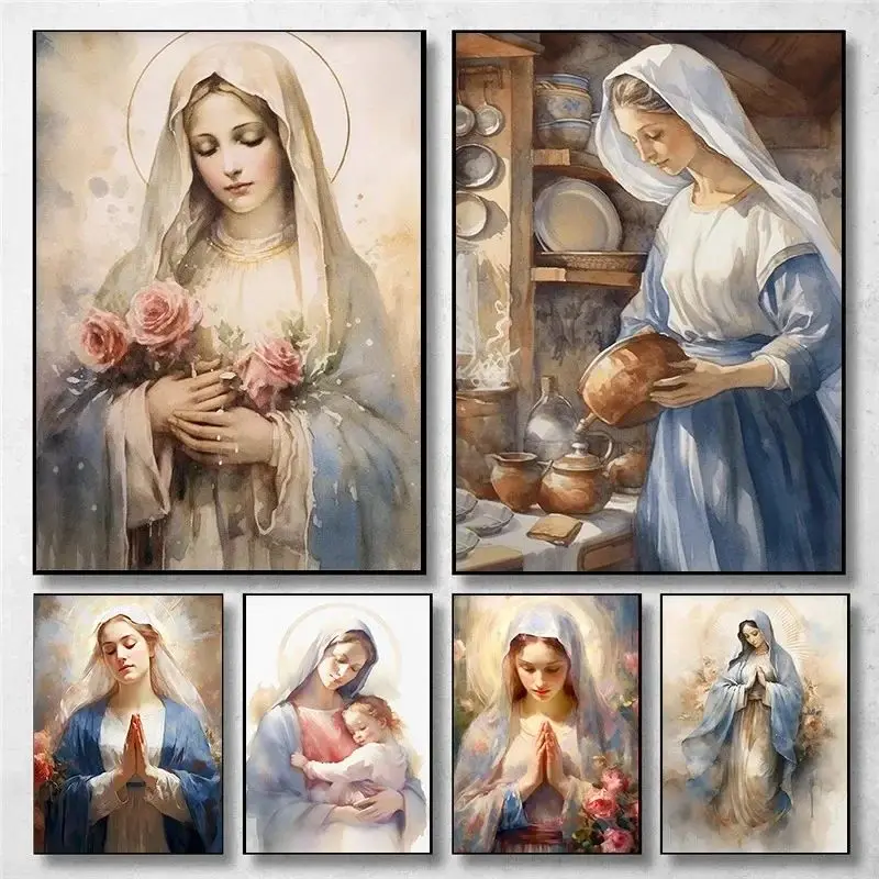 Vintage Blessed Virgin Mary with The Child Catholic Christian Prayer Art Poster Canvas Painting Wall Prints Picture Home Deco