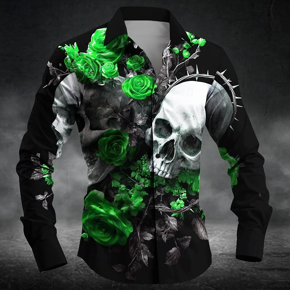 เสื้อเชิ้ตแขนยาวพิมพ์ลายหัวกะโหลก 3 มิติ ลายกุหลาบ สไตล์แฟชั่นสร้างสรรค์ ติดกระดุม สำหรับผู้ชาย 6 สีใหม่