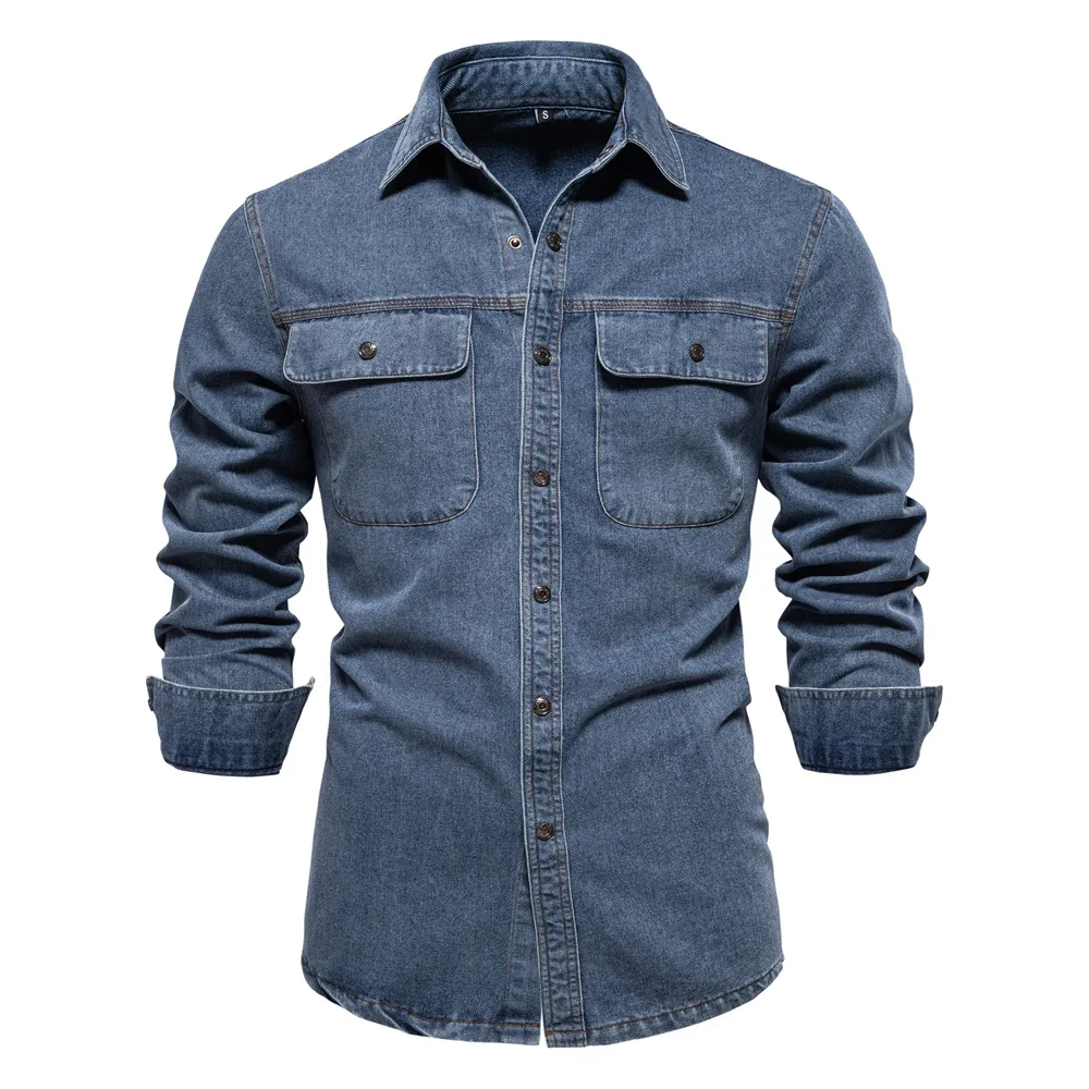 

New Autumn 100% Cotton Mens Denim Shirts Solid Color Long Sleeve Cowboy Shirt Coat Fashion Casual Jean Shirt for Men