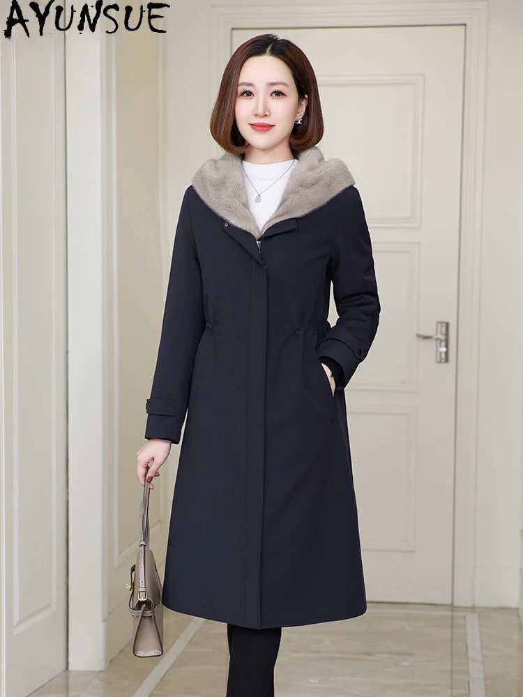 AYUNSUE 天然ミンクの毛皮のコート女性の冬服ミッドレングスパーカーライナー取り外し可能なリアルファーコートレディースコートПальто Женское