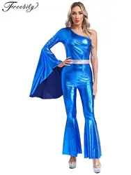 Womens 60 70s Disco Costume Hippie Outfits Halloween Carnival Party Hip-hop Dance Costumes Shiny Metallic Bodysuit Jumpsuit
