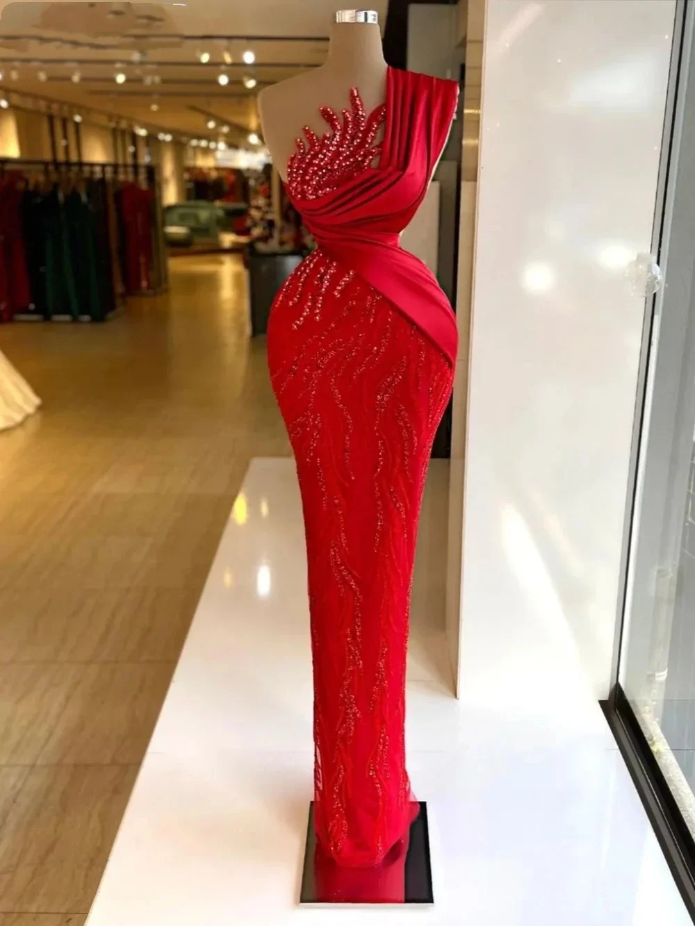 

One Shoulder Long Evening Dress Luxury Beaded Pearls Floor Length Red Formal Wedding Guest Party Dress Special Occasions Gown