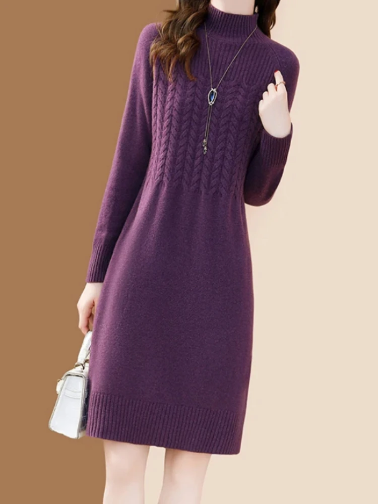 EVNISI 100% Merino Wool Knit Dress Elegant Half High Collar Winter Slim Purple Party Dresses Bottoming Cashmere Vestidos 2023