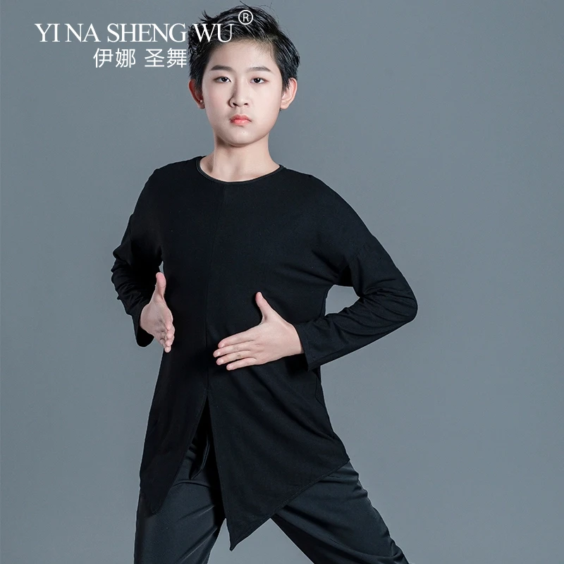 أزياء الرقص اللاتينية للأولاد برقبة دائرية وأكمام طويلة باللون الأسود لقاعة الرقص رومبا تانجو أزياء الأداء اللاتينية