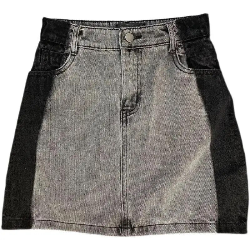 Gestikte Contrasterende Rokerige Grijze Denim Mini Rok Hoge Taille Retro Y 2K Rok Slim Fit Modieus A Line Rokken Sexy Harajuku