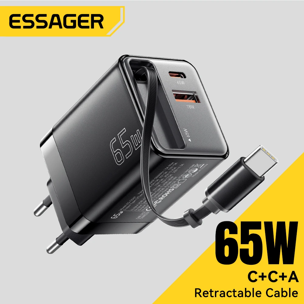 

Essager 65W USB Charger Fast Charging with Built-in Retractable Type-C Cable for Laptops iPhone 16 15 14 Type-C Travel Charger