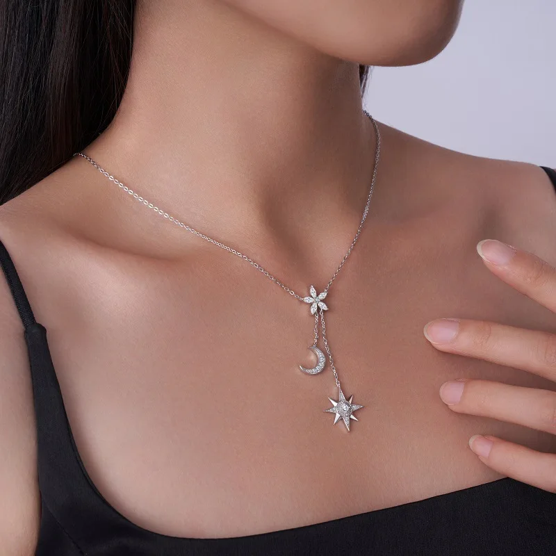 S925 Silver Rhodium-Plated D Color Micro Pave Moissanite Star Moon Snowflake Pendant Necklace for Women, Exquisite Jewelry