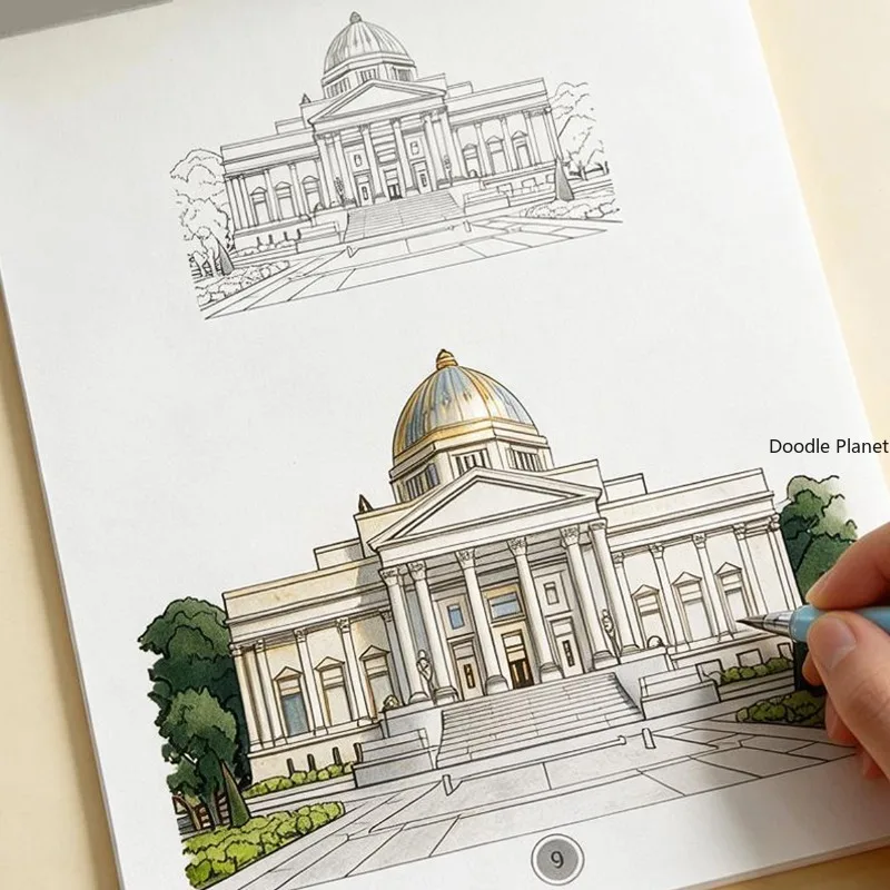 A Coloring Book for Copying World Scenic Architecture,  24 Different Patterns, for Sketching, Pen Control, and Relaxing Painting